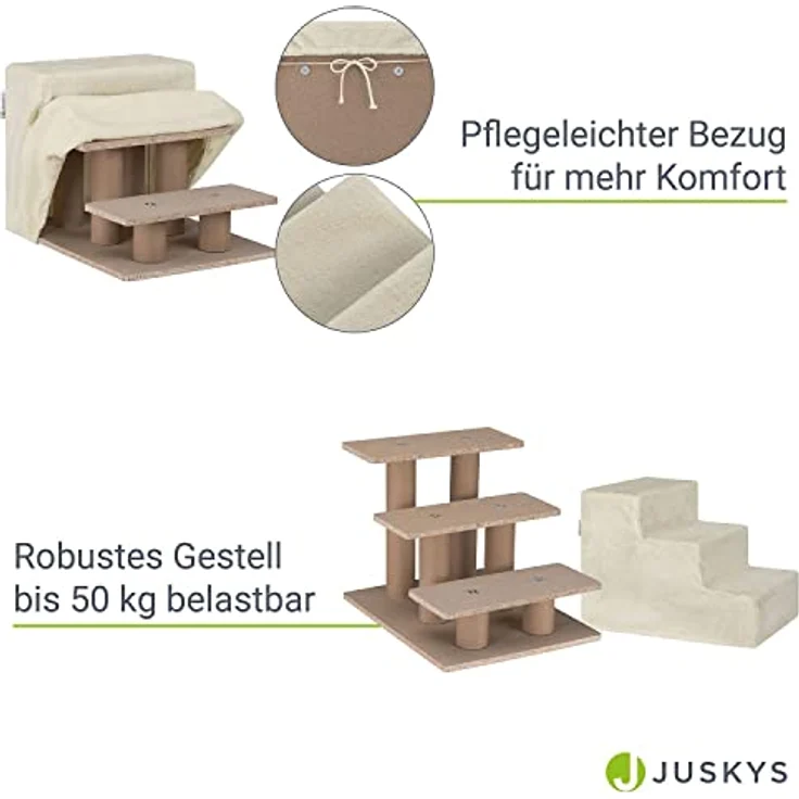 Juskys Haustiertreppe Hundetreppe 36 cm - Treppe 3 Stufen Plüsch-Bezug waschbar - Katzentreppe Hunderampe für Bett, Sofa, Couch und Auto - Bezug Beige – Bild 5