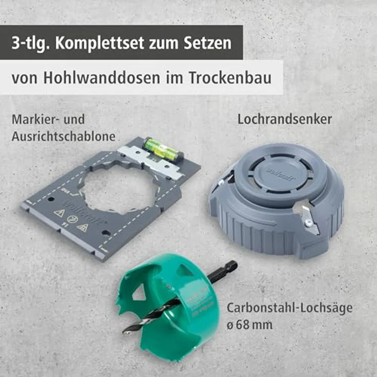 Wolfcraft 5897000 Bohrkronen-Set 3-tlg. für Hohlwanddosenmontage, inkl. Carbonstahl-Lochsäge Ø 68 mm und Lochrandsenker – Bild 4