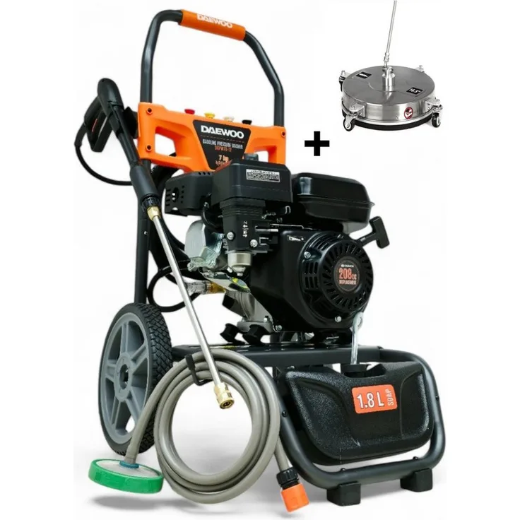 DeTec DAEWOO Hochdruckreiniger 7PS Benzin, 207 bar Druck, 600 l/h Fördermenge, Flächenreiniger Kombiset, Messing Pumpenkopf