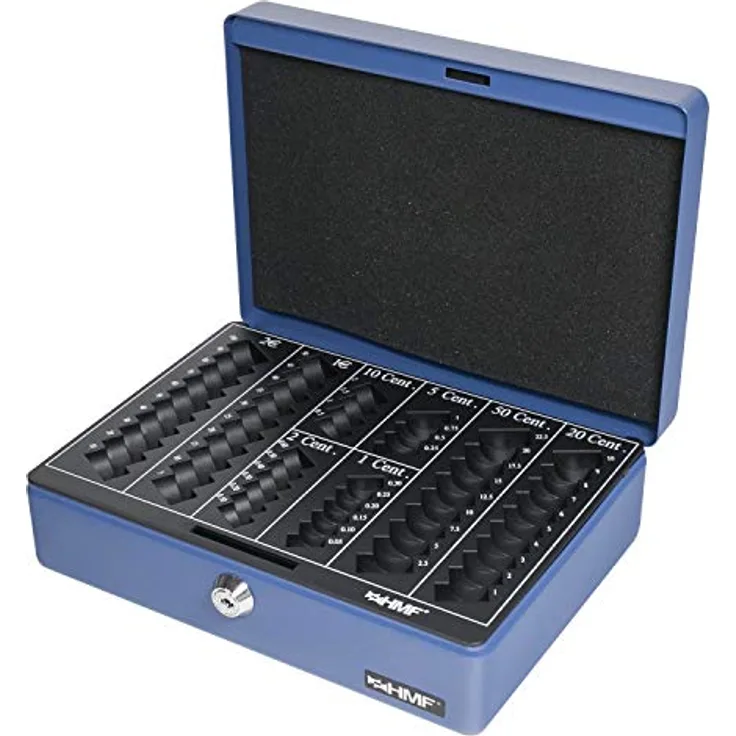 HMF 208-05 Geldkassette Euro-Münzbrett 25 x 18 x 9 cm, blau - Sicherheitszylinderschloss, herausnehmbarer Euro-Münzeinsatz