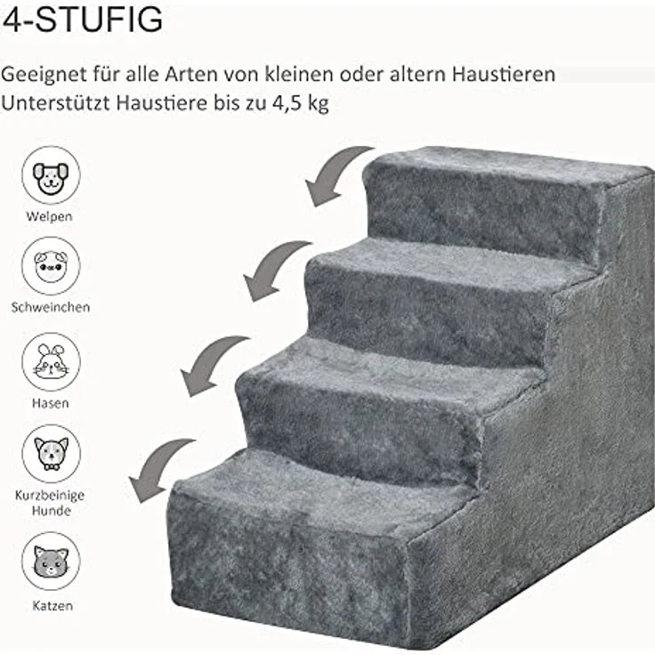 PawHut Haustiertreppe 4-stufige Hunderampe mit Abnehmbarer Bezug Katzentreppe Hundetreppe Tiertreppe Plüsch Grau 60 x 35 x 44 cm - Preisvergleich – Bild 5