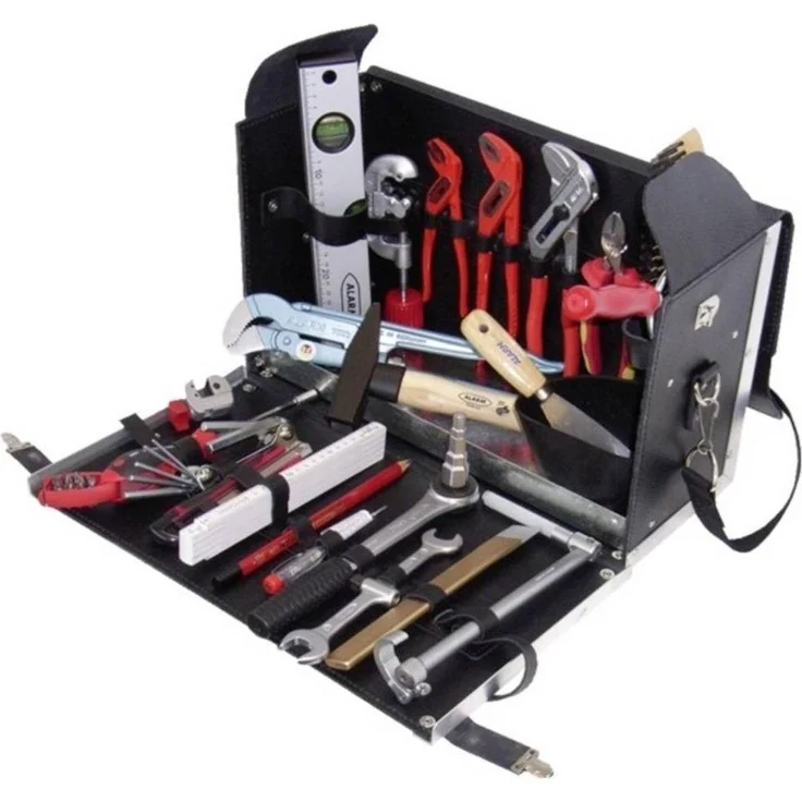 Alarm Werkzeugtasche, hochwertig aus echtem Rindleder, mit aufklappbarer Vorderwand und Alu-Kantenschutz, verzinkte Stahlblechbodenwanne zur stabilen Organisation