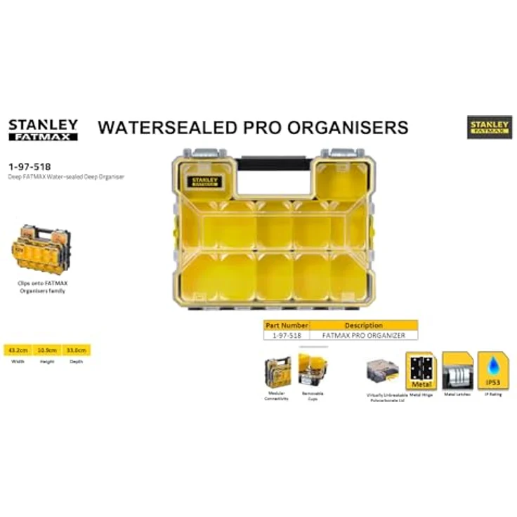 Stanley FatMax Profi-Organizer (44,6 x 11,6 x 35,7 cm, tiefe Fächer, stabiler Deckel, Metallverschlüsse, wasserdicht, herausnehmbare Boxen, extra Box für Kleinteile) 1-97-518 – Bild 7