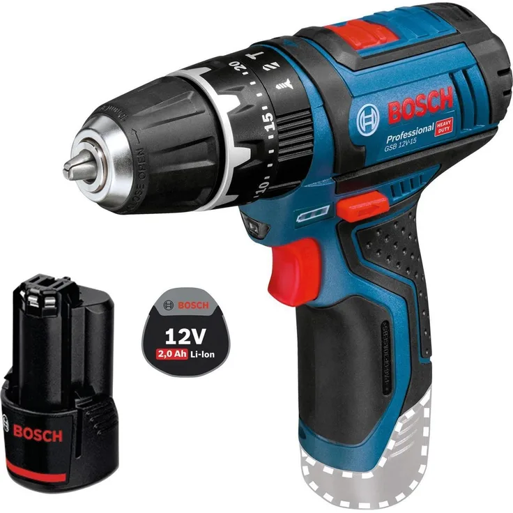 Bosch Akku-Schlagbohrschrauber GSB 12V-15, kompakt mit 2-Gang-Planetengetriebe und 10-mm-Auto-Lock-Bohrfutter, 1x 2,0 Ah Akku