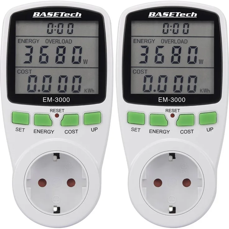 Basetech EM-3000 Energiekosten-Messgerät zur Stromverbrauchsanalyse mit CO2-Emissionsberechnung, 2er Set