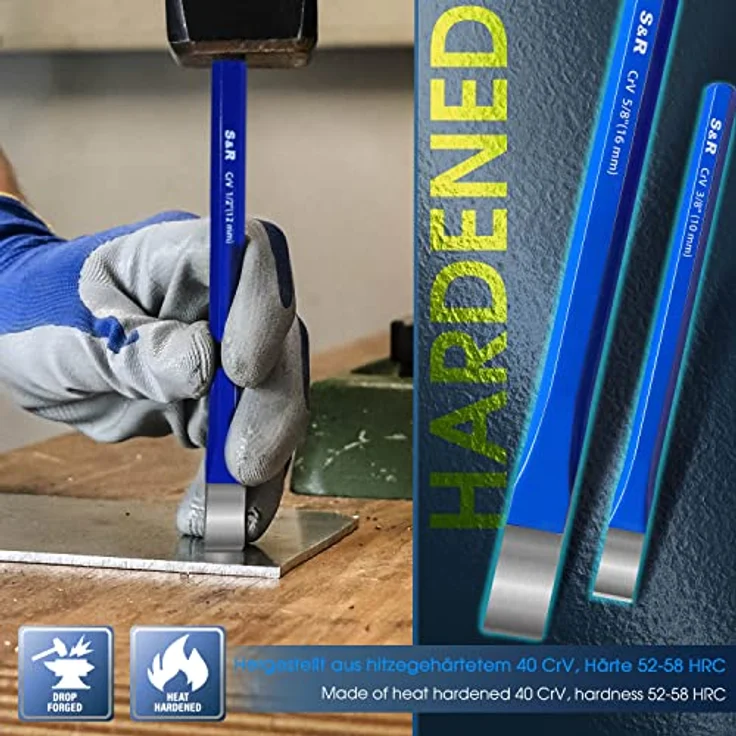 S&R Meißel-Set, 3-teiliges Hand-/Flach-/Steinmeißel-Set aus Ch-V-Stahl, hitzegehärtet für Metall-, Holz- und Bet bearbeitung – Bild 3