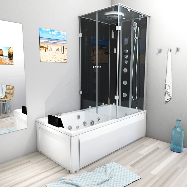 SeniorBad GmbH Whirlpool Dusche Kombination K05-L33-WP-EC Duschtempel 180x90 cm, Schwarz, mit Thermostat-Mischarmatur, Regendusche und Radio