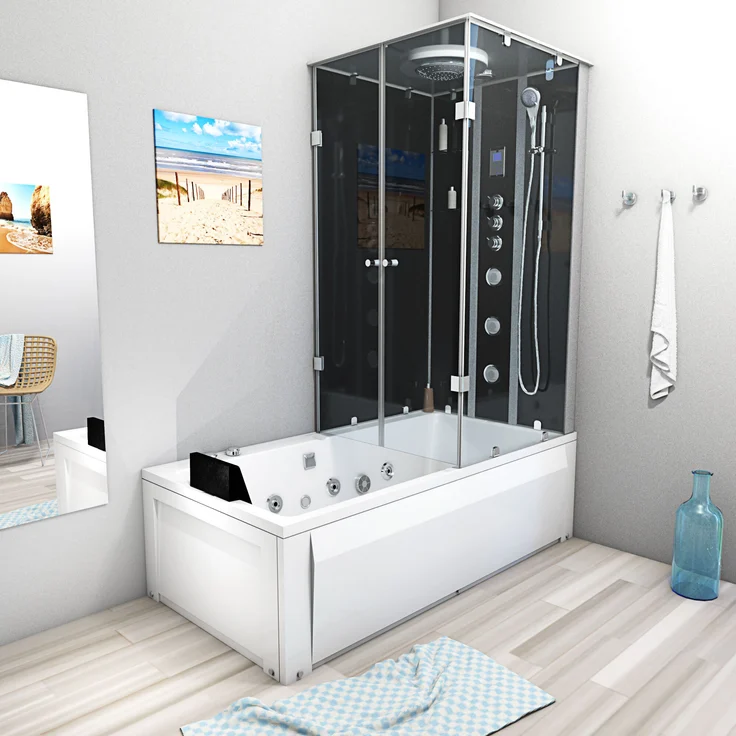 SeniorBad GmbH Whirlpool Dusche Kombination K05-L33-WP Duschtempel 180x90 cm in Schwarz, mit Touchscreen-Display und Wasserfall