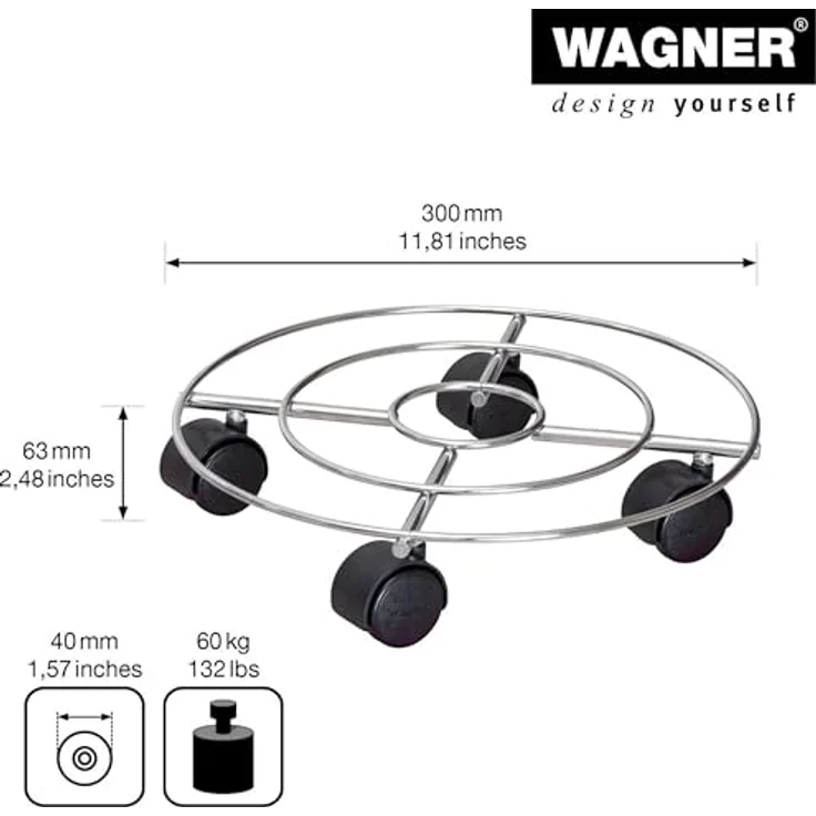 WAGNER Pflanzenroller Chrome Ø 30 cm I Pflanzenroller für Innenbereich, Chrom I Blumenroller aus verchromten Stahl I Kübelroller Silber-glänzend I Tragkraft 60 kg ? 20092901 – Bild 3