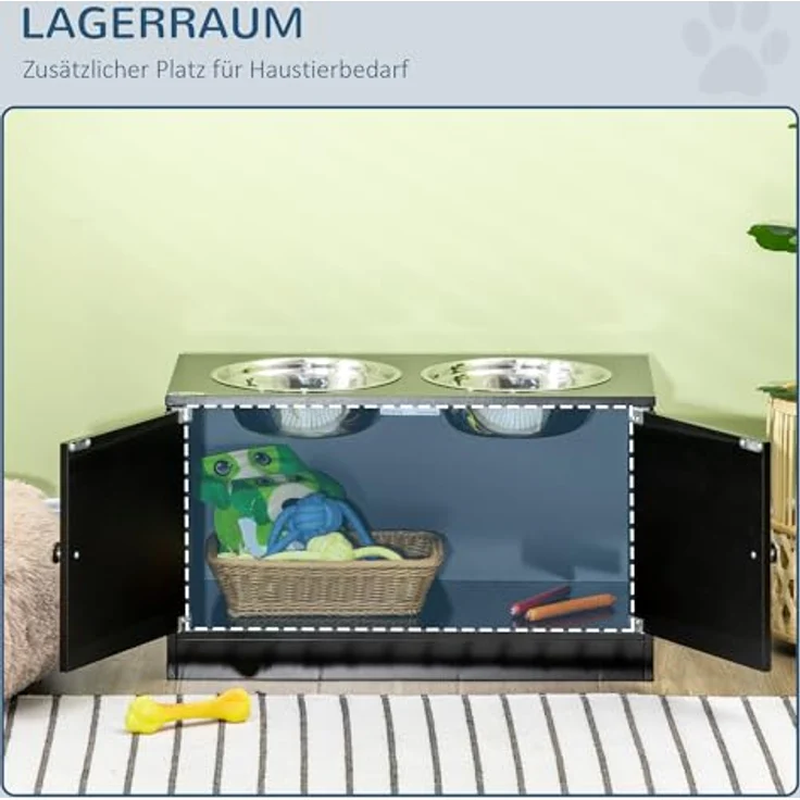 PawHut Hundenäpfe, Erhöhte Futterstation mit 2 Edelstahlschüsseln, 44L Stauraum, Magnettüren, für große Hunde, Schwarz – Bild 4