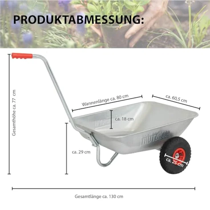 TRUTZHOLM Schubkarre Einhandkarre mit Luftreifen, 100 kg Traglast, 75 L Volumen, wendig und robust für Garten und Friedhof – Bild 2