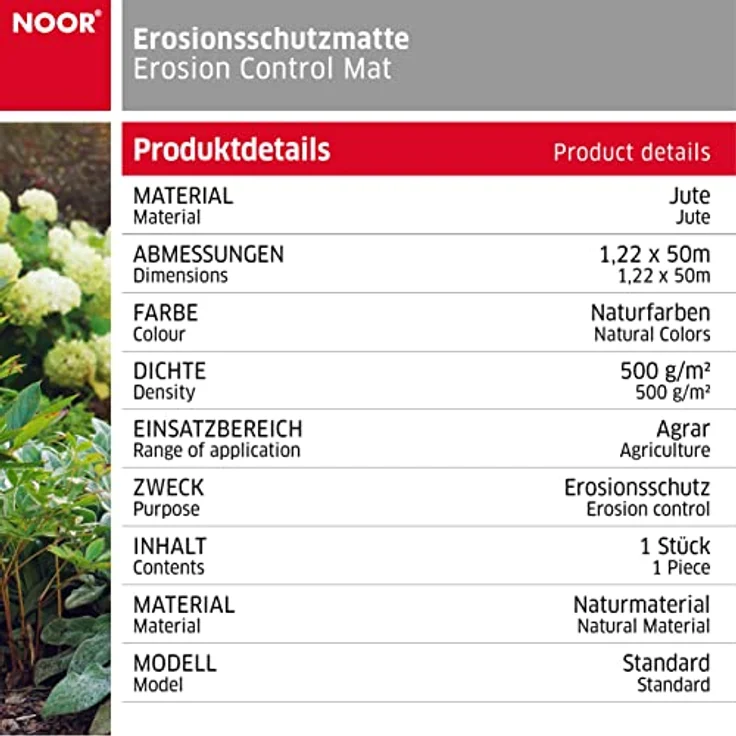 NOOR Erosionsschutzmatte 1,22 x 50m 500 g/m² I Biologisch-abbaubares Jutenetz für Pflanzen I Chemikalienfreie Böschungsmatte I Zur Anwendung an Hängen - Preisvergleich – Bild 4