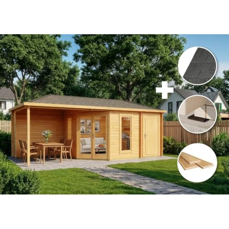 Alpholz 5-Eck Gartenhaus Liwa mit Anbau, imprägniert (Pinie), inkl. Fußboden & Dacheindeckung, BxT: 728x317 cm – Bild 2