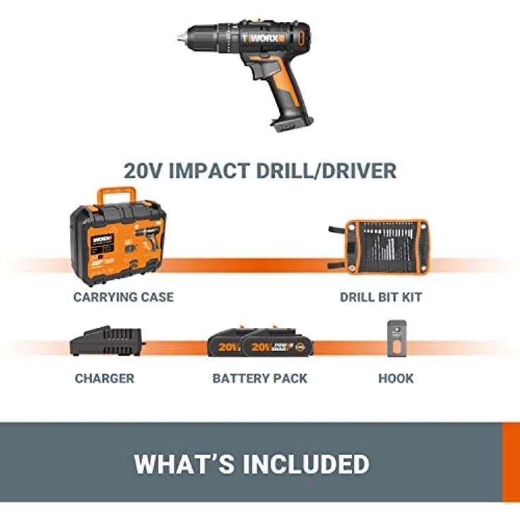 Worx Akku-Schlagbohrschrauber WX370, 20V, max. 1600 U/min, 2-Gang-Getriebe, Bohrstufe + Schlagfunktion, inkl. 2 Akkus & Ladegerät – Bild 6