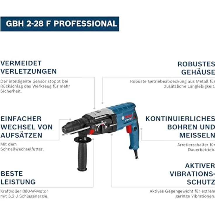 Bosch Professional Bohrhammer GBH 2-28 (880 Watt, mit SDS-Plus Aufnahme, bis 28 mm Bohr-Ø, Rückschlag-Schutz, L-Boxx Systemkoffer, ohne Schnellspann-Bohrfutter) – Bild 3