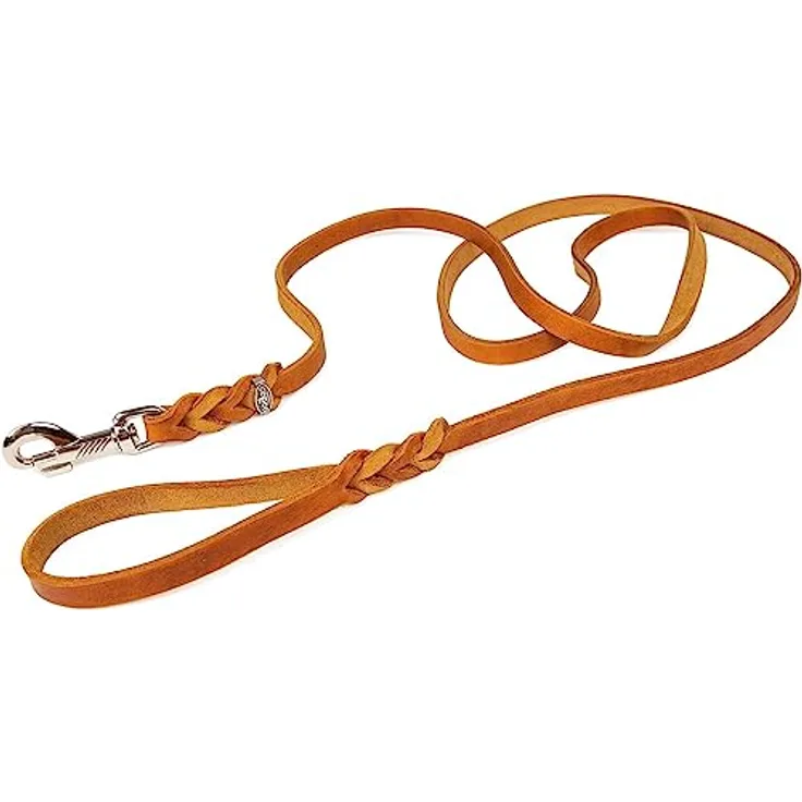 CopcoPet - Fettlederleine 1 m x 8 mm, Cognac, Hunde-Leine aus Leder mit verchromtem Karabiner, geflochtene Hunde-Führleine Leder