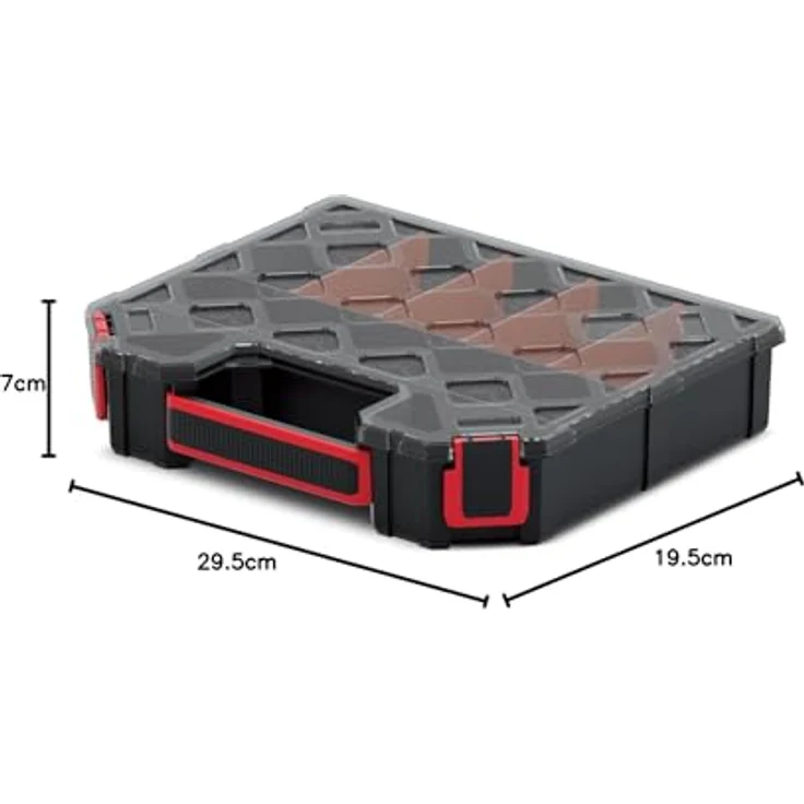 Prosperplast Werkzeugkoffer Kistenberg TAGER CARBO Organizer, multifunktionale Sortimentsbox mit transparentem Polycarbonat-Deckel, 284x243x60 mm – Bild 6