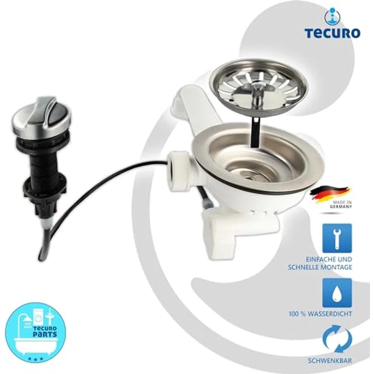 tecuro | Spülen Siebkorbventil 3 1/2 Zoll - Ø 114 mm | mit Seil-Drehbetätigung | für Küchenspülen | 1 1/2 Zoll Anschluss nach unten | mit Überlaufanschluss 1 Zoll | Oberteile aus Edelstahl | 53304, Edelstahl farbene Oberteile – Bild 2
