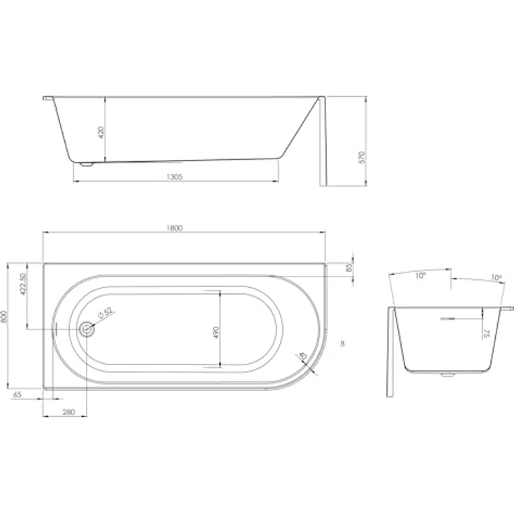 Schulte Rio Canto Badewanne, 180x80 cm Sanitäracryl Weiß, Komplett-Set mit Fußgestell, Schürze und Ablaufgarnitur – Bild 4
