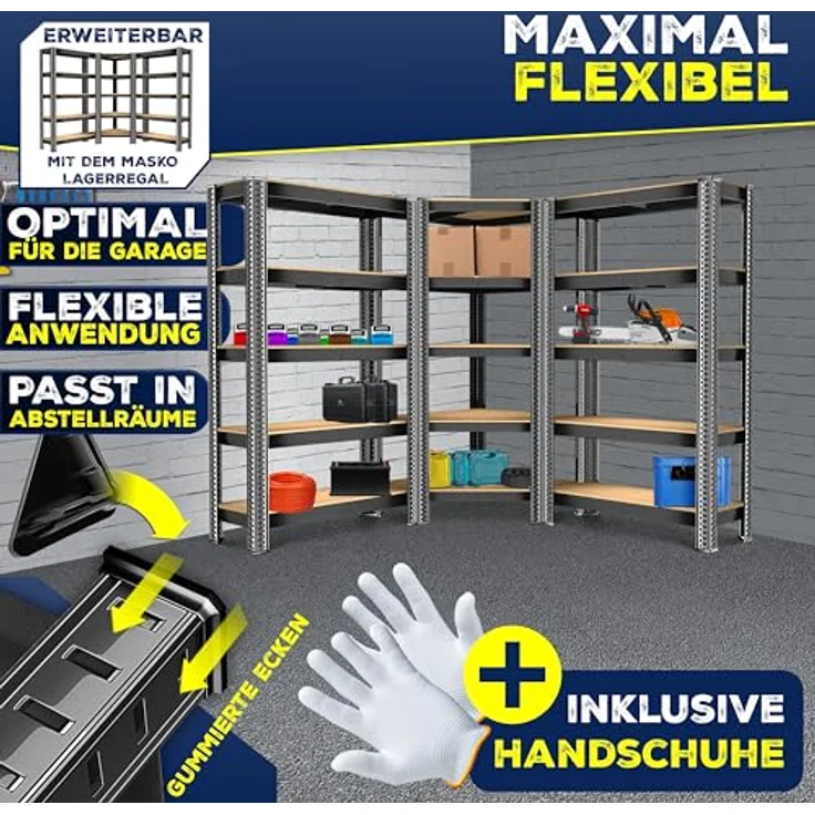 MASKO Eckregal Lagerregal Schwerlastregal, Kellerregal, 180x75x40cm , bis 875 kg, 5 verstellbare Ablagen, MDF-Platten Regal aus Metall, Steckregal, Werkstattregal, Keller, Garage Schwarz – Bild 6