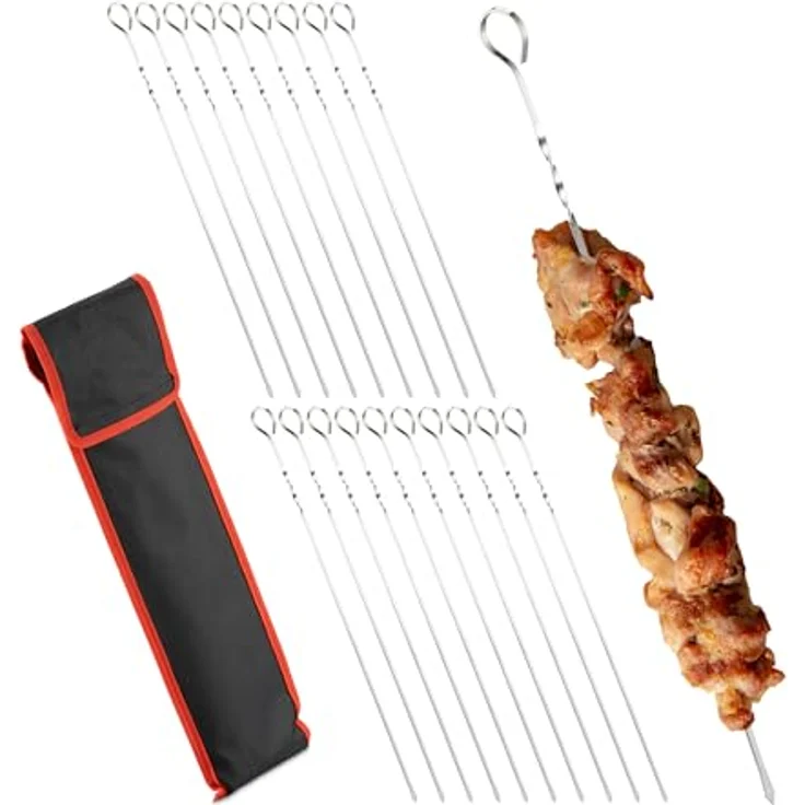 relaxdays Grillspieß Grillspieße Edelstahl im 20er Set (Silber, Schwarz, Rot) - Lange Edelstahlspieße für Grill und Pfanne, geschwungene Griffe, inkl. Aufbewahrungstasche – Bild 2