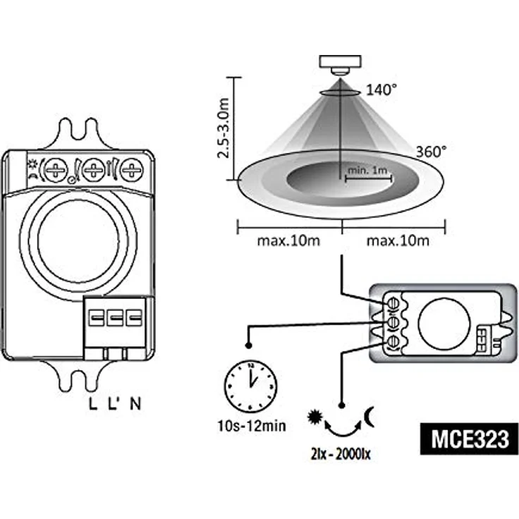 Maclean MCE323 Mikrowellen-Bewegungssensor mit Einstellbarer Lichtintensität und Beleuchtungszeit IP20 360º, für LED Glühlampen Energiesparlampen – Bild 5