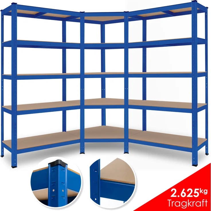 MASKO 3er Set Metall Regalsystem Lagerregal 1 Eckregal & 2 Lagerregale 15 Böden MDF-Platten Regal 2625 kg Werkstattregal Kellerrregal Garage Schwerlastregal Steckregal MDF-Platten Blau