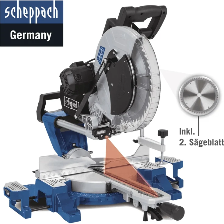 Scheppach HM140L Kapp-Zug-Gehrungssäge mit Laser 2000 W 305 mm 3800 min-1 beidseitig neigbarer Sägekopf mit Ersatzsägeblatt und UMF1600 – Bild 6