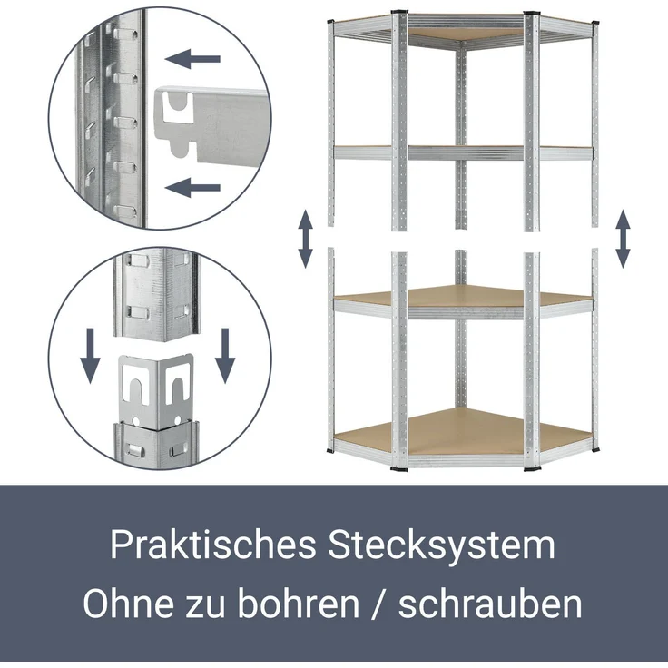 3er Metall Regalsystem Easy | 1 Eckregal & 2 Lagerregale | 12 MDF Holz Böden | 960 kg | verzinkt | Stecksystem | Schwerlastregal Steckregal | Juskys – Bild 7