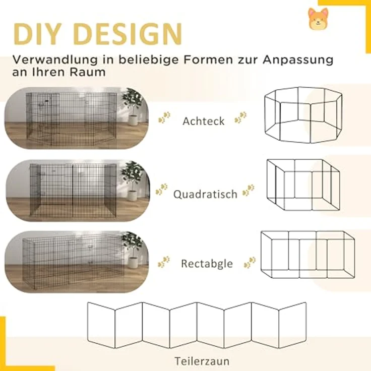 PawHut Welpenauslauf 76 cm Hoch, 8-TLG Welpenlaufstall mit Schloss, DIY Freilaufgehege Hundelaufstall für mittelgroße Hunde, Meerschweinchen, Kaninchen, Metall, Schwarz – Bild 3