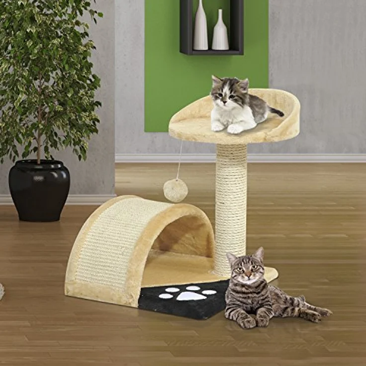 PawHut Kratzbaum mit Spielbällen, Katzenkratzbaum, Sisalseil-Kratzstangen, Beige, 36 x 36 x 44 cm – Bild 2