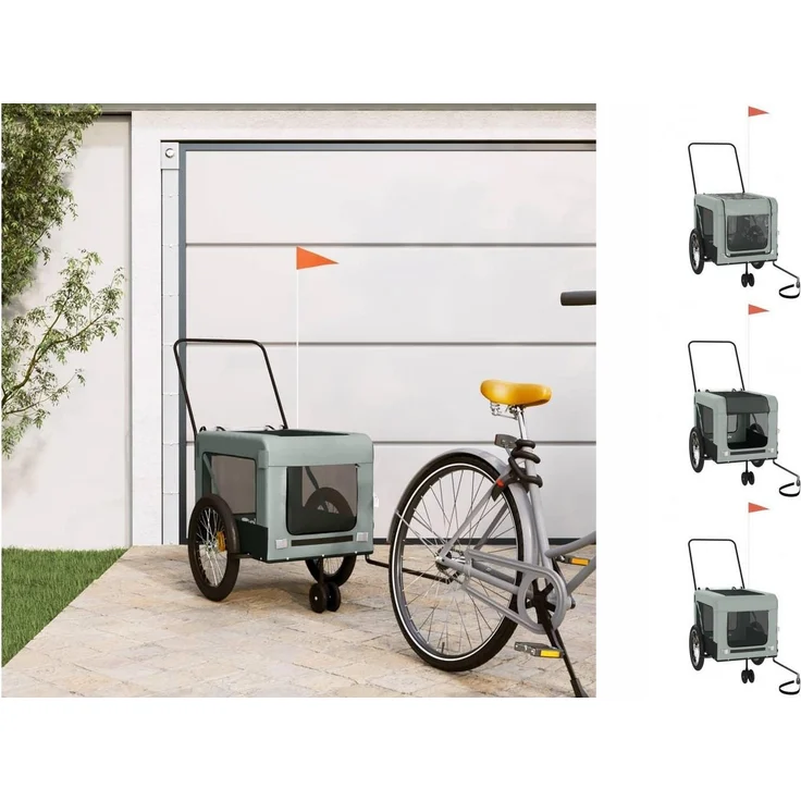 vidaXL Hunde-Transportbox Fahrradanhänger Grau und Schwarz, Oxford-Gewebe und Eisen, mit PVC-Dach und Reflektoren – Bild 1