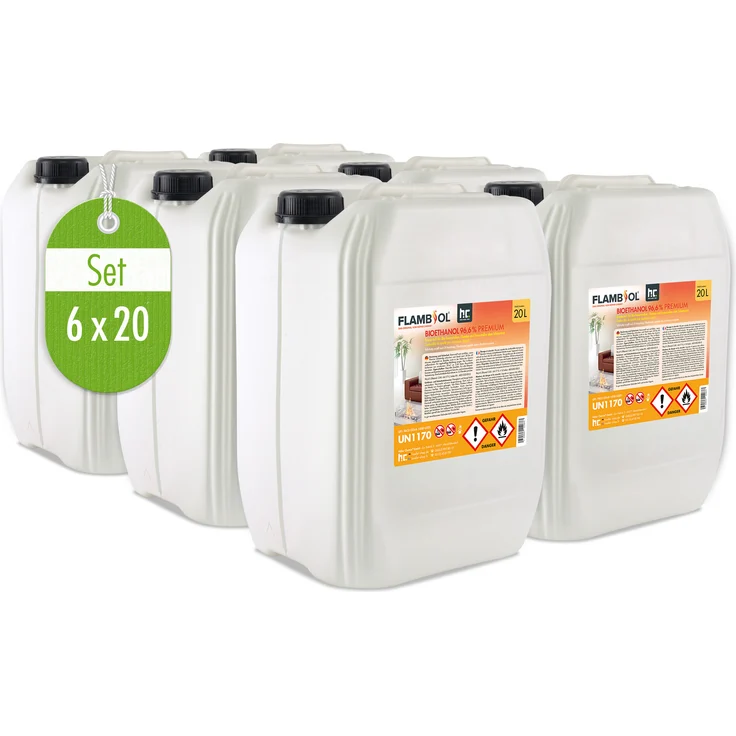Höfer Chemie 6x 20 L FLAMBIOL® Bioethanol 96,6% Premium für Ethanolkamin in Kanistern, Brennstoffe