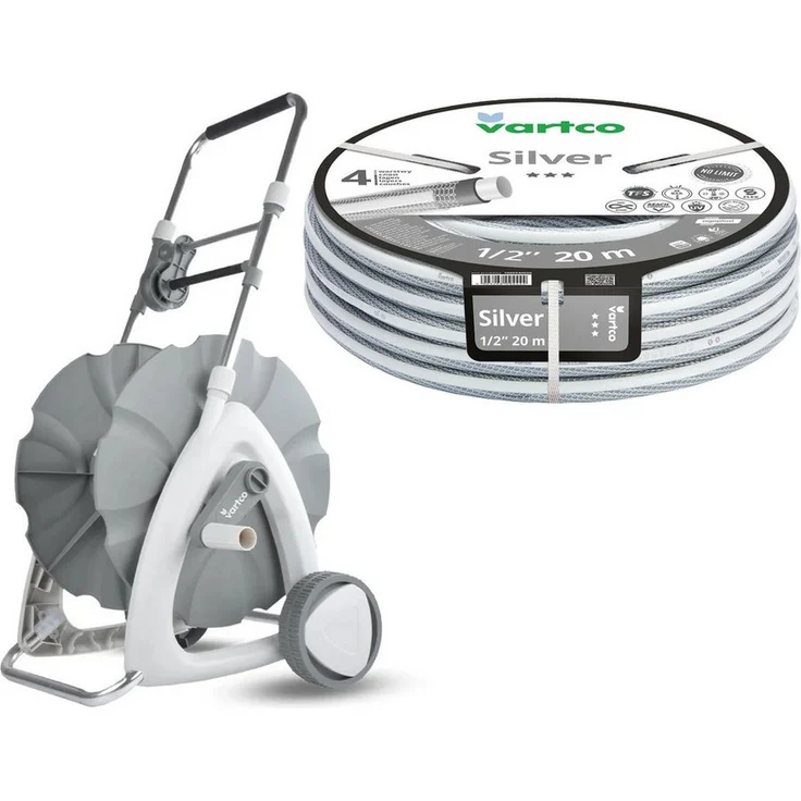Vartco SILVER TFS Gartenschlauch-Set 1/2'' 20 m mit stabilem Schlauchwagen, grau mit weißem Streifen