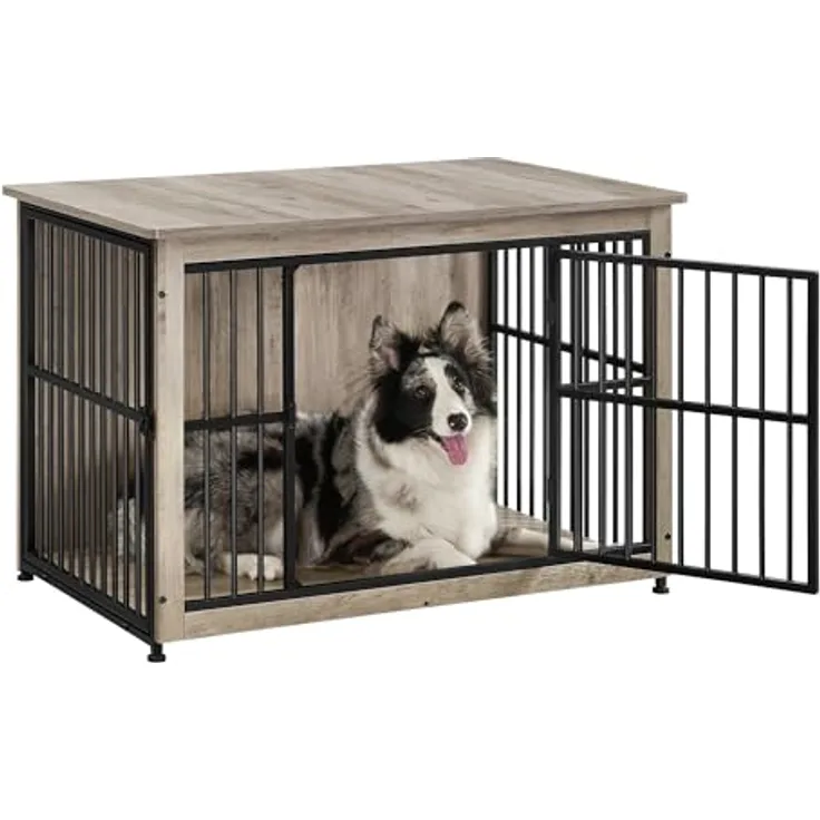 Feandrea Hundekäfig Möbel, Beistelltisch, Hundebox, Moderne Hundehütte Indoor für Hunde bis zu 32 kg, hochbelastbar, geschlossener Boden, Hundehaus 2 Türen, Greige meliert
