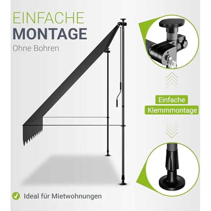 Juskys Klemmmarkise Kapstadt 300x120 cm - Höhenverstellbar, UV-beständig, Wetterfest & Sichtschutz - Terrassenüberdachung Grau – Bild 3