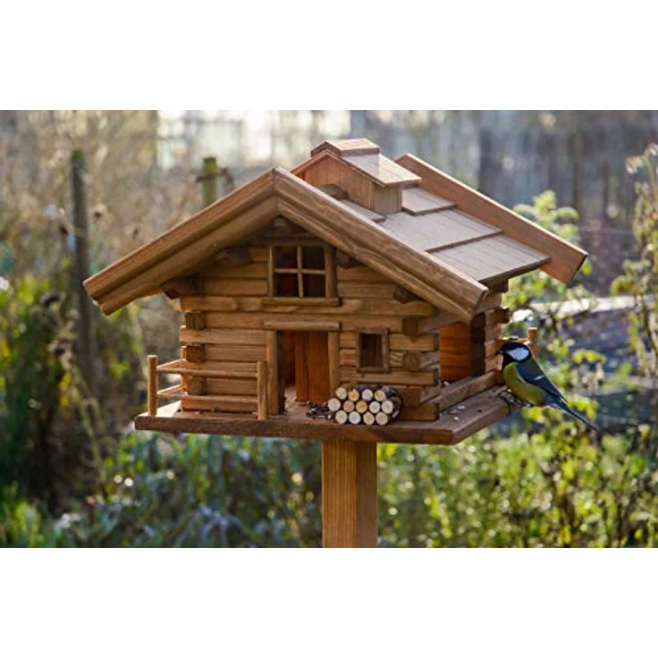 dobar® Green Label 98733FSCe Design Vogelfutterhaus Tirol - Vogelhaus Hüttendesign - Vogelvilla Massivholz - Vogelfutterstation inklusive Ständer - Großer Futterspender - 37 x 37 x 117 cm - Braun – Bild 3