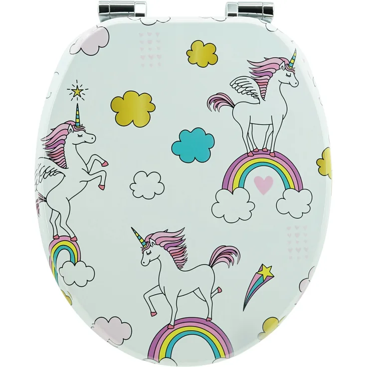 Sanfino WC Sitz Unicorns, Toilettendeckel aus Holz mit Absenkautomatik und buntem Einhorn-Motiv, 43,5 x 37,5 cm