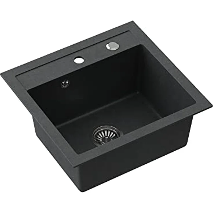 VBChome Spülbecken mit Armatur 50 x 47 cm Schwarz Granit Einzelbecken Küche Einbauspüle Verbundspüle Küchenspüle gesprenkelt Siphon Armatur – Bild 3