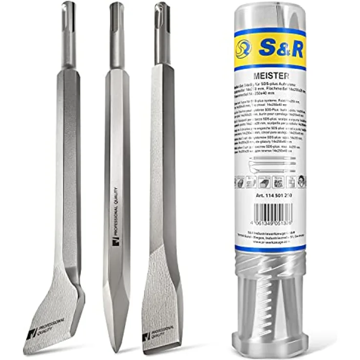 S&R Meißel Set SDS-plus 3-teilig, universell einsetzbar, gehärtet, sehr lange Lebensdauer; Flachmeißel, Fliesenmeißel, Spitzmeißel, Oberflächenschutz, Vergütungsstahl, S&R, Meißel
