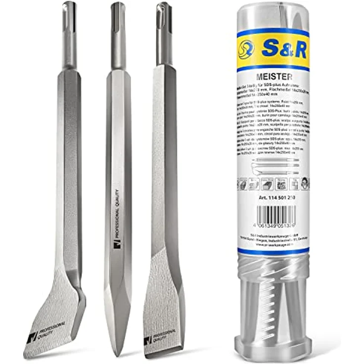 S&R Meißel Set SDS-plus 3-teilig, universell einsetzbar, gehärtet, sehr lange Lebensdauer; Flachmeißel, Fliesenmeißel, Spitzmeißel, Oberflächenschutz, Vergütungsstahl, S&R, Meißel – Bild 1