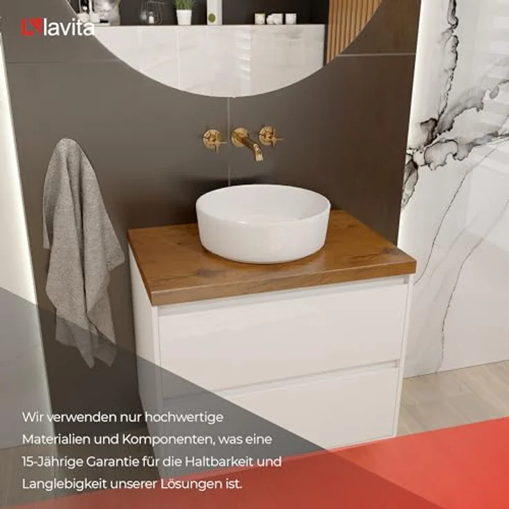 LAVITA Aufsatzwaschtisch Merida Rund, Porzellan, 37x37x12 cm, Weiß Glanz – Bild 5