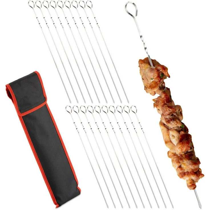 relaxdays Grillspieß Grillspieße Edelstahl im 20er Set (Silber, Schwarz, Rot) - Lange Edelstahlspieße für Grill und Pfanne, geschwungene Griffe, inkl. Aufbewahrungstasche – Bild 1