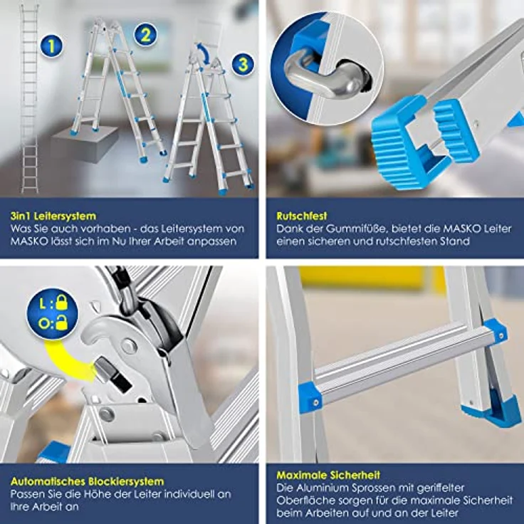 Masko Aluminium Teleskopleiter Multifunktionsleiter Aluleiter Klappleiter Anlegeleiter 5.10m - 4x5 Sprossen Silber-Blau – Bild 3
