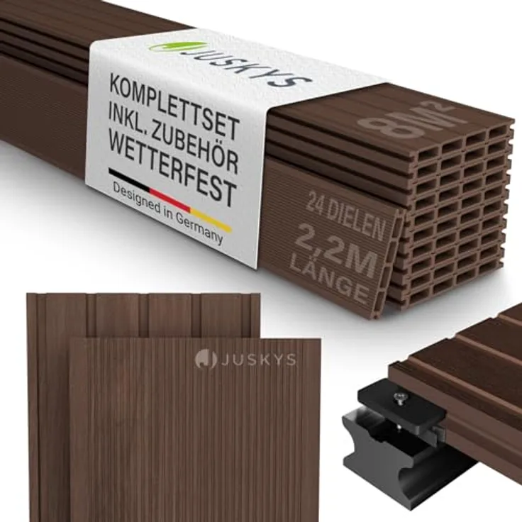 Juskys WPC-Terrassendielen 8 m², 24 Dielen 14.6x220 cm, wetterfest, raue Oberfläche, 330 kg/m² belastbar, Farbe Braun