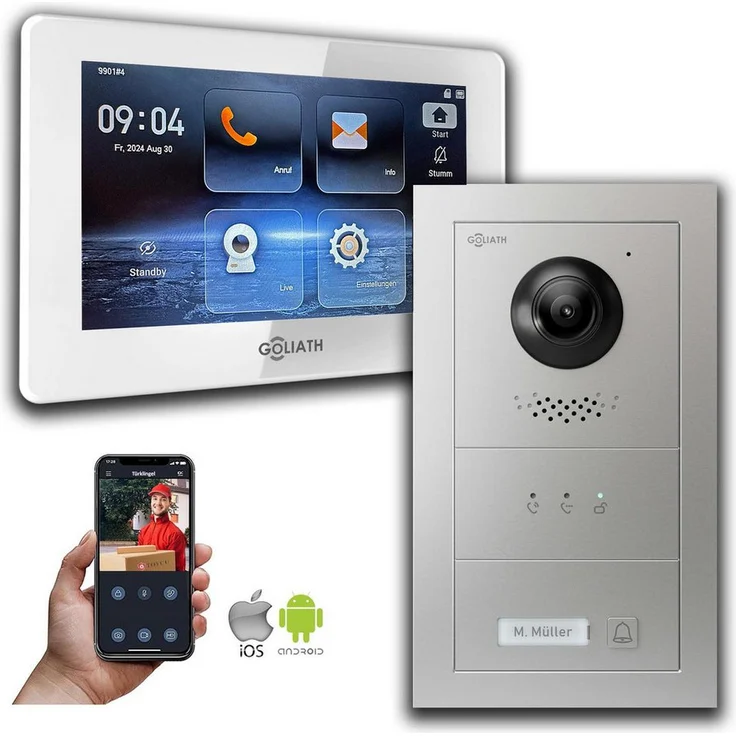 Goliath Intercom Video-Türsprechanlage Goliath 2-Draht mit HD-Kamera, 7-Zoll Monitor, Silber