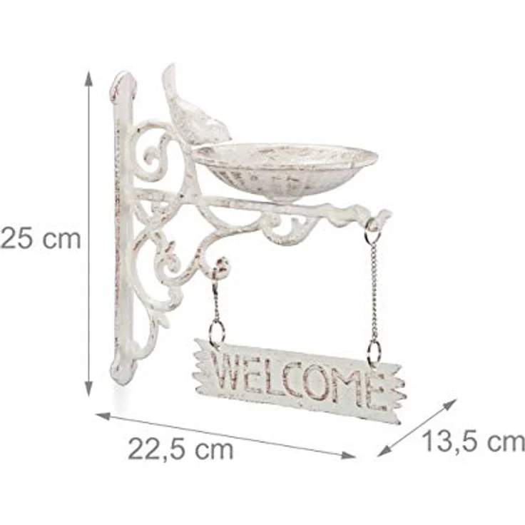 Relaxdays Vogeltränke Gusseisen, Welcome Schild, Gartendeko, Wandmontage, Vintage, Wasserschale für Wildvögel, weiß – Bild 4