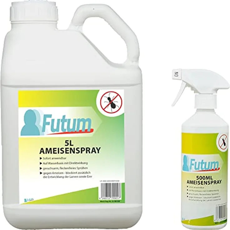 Futum 5L+500ml Anti Ameisen Spray Hochwirksam gegen Ameisen, Larven und Eier, für Innen- & Außenbereich, Wasserbasis, geruchsarm, fleckenfrei