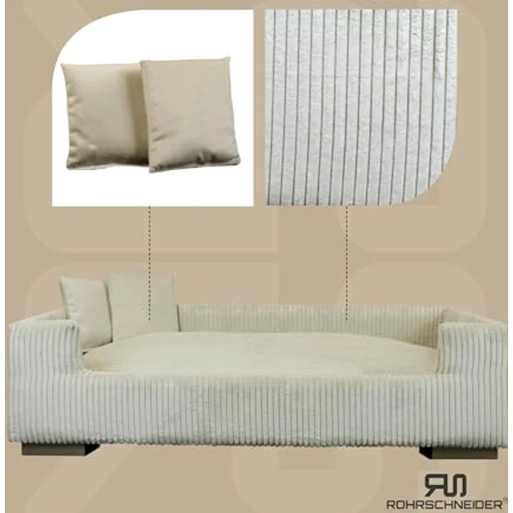 Rohrschneider Hundesofa Cord für mittelgroße und Grosse Hunde, hoher Rand, waschbarer Bezug, 100% Polyester, beige, B 90 x T 57 x H 26 cm, inkl. 2X Dekokissen – Bild 2