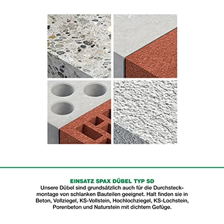 SPAX TYP-SD Dübel, Grün, 10 x 50 mm, hochfest aus Nylon mit 4-fach Spreizung für sichere Montage in Beton und Naturstein – Bild 2